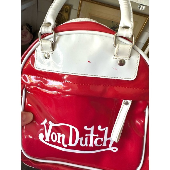 Von Dutch Vintage Y2K Red Patent Bowling Bag Purse White Trim - Picture 9 of 12